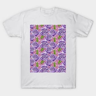 Purple Roses And Hydrangea Pattern T-Shirt